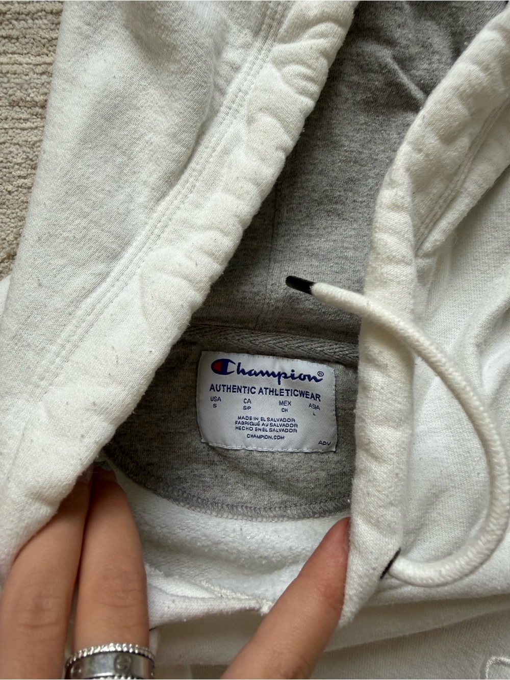 Champion White Cropped Hoodie with Gray Lined Hood - Picture 4 of 4